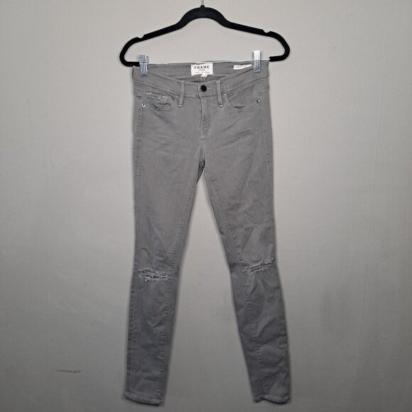 FRAME Le Skinny de Jeanne Satine Distressed Jeans 26 Grey - Picture 4 of 11